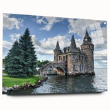 Acrylic glass wall art collection showcasing a colorful landscape with a majestic castle, featuring a side view and decorative pins for easy hanging. Perfect for enhancing home decor.