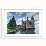Front view of a framed landscape castle wall art with a white mat, showcasing intricate details and vibrant colors, ideal for enhancing home decor. Perfect for art enthusiasts seeking a touch of elegance.