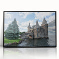 Framed wall art showcasing a stunning landscape with a castle, featuring rich colors and intricate details, set in a sleek black frame for elegant decor. Perfect for enhancing home interiors or office spaces.