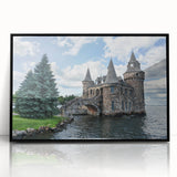 Framed wall art showcasing a stunning landscape with a castle, featuring rich colors and intricate details, set in a sleek black frame for elegant decor. Perfect for enhancing home interiors or office spaces.