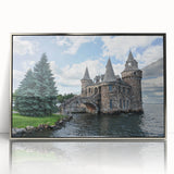 Framed acrylic wall art showcasing a stunning landscape of a castle, featuring intricate details and a silver frame, perfect for home decor. The vibrant colors and majestic scenery create a captivating focal point for any room.