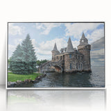 Framed wall art featuring a stunning landscape and castle design, showcased in a sleek white frame, perfect for enhancing home decor with elegance.