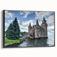 Framed canvas wall art showcasing a stunning landscape with a historic castle, featuring a black frame and side view, perfect for home decor and enhancing interior aesthetics.