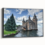 Framed canvas wall art showcasing a stunning landscape with a historic castle, featuring a black frame and side view, perfect for home decor and enhancing interior aesthetics.