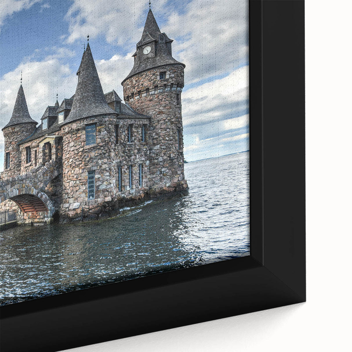 Close-up of a framed canvas print showcasing a stunning landscape with a castle, featuring vibrant colors and intricate details, perfect for home decor.