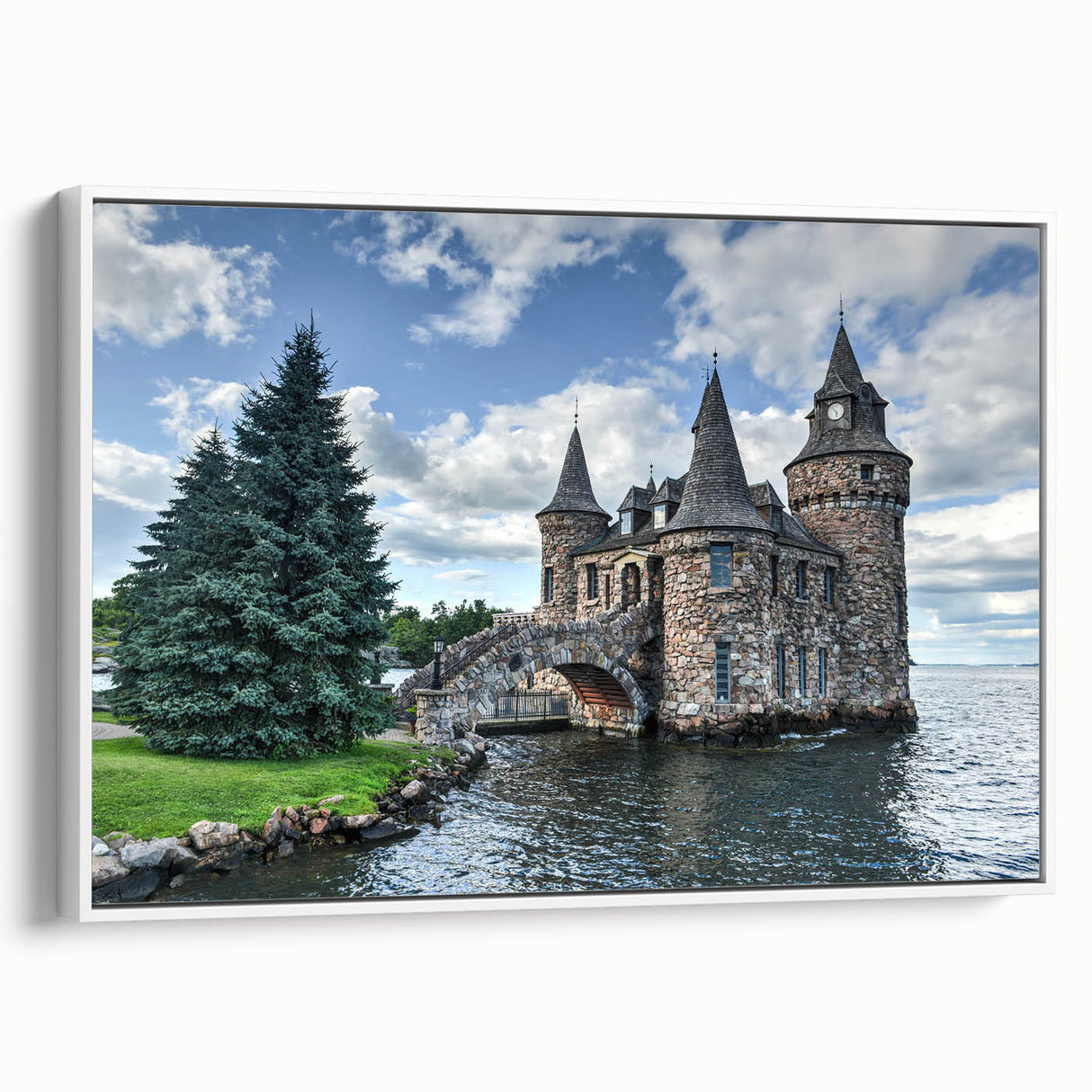 Framed canvas wall art showcasing a serene landscape with a majestic castle, featuring vibrant colors and intricate details, ideal for home decor enhancement.