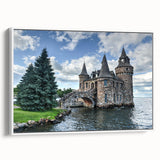 Framed canvas wall art showcasing a serene landscape with a majestic castle, featuring vibrant colors and intricate details, ideal for home decor enhancement.