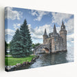 Stretched canvas wall art showcasing a breathtaking landscape with a majestic castle, vibrant colors, and detailed textures, ideal for home decor enhancement.