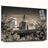 Acrylic glass wall art depicting a stunning landscape featuring a majestic castle, showcasing vivid colors and intricate details, designed for elegant home decor.