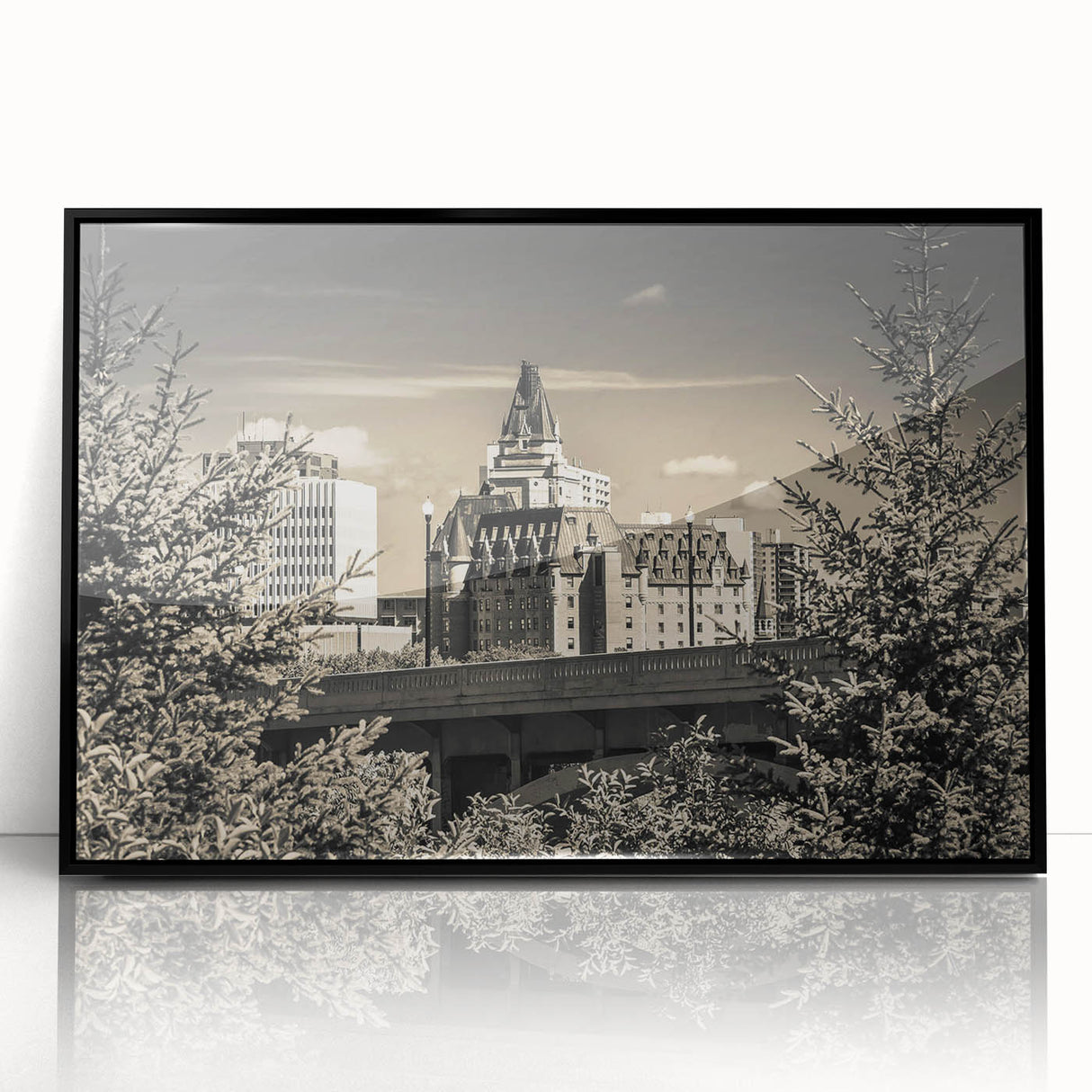 Framed wall art featuring a stunning landscape design of a castle, elegantly displayed with a black frame, perfect for home decor or office ambiance, showcasing intricate details and vibrant colors.