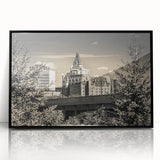 Framed wall art featuring a stunning landscape design of a castle, elegantly displayed with a black frame, perfect for home decor or office ambiance, showcasing intricate details and vibrant colors.