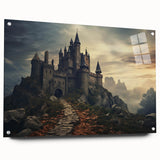 Acrylic wall art collection showcasing a side view of a vibrant landscape with a majestic castle, elegantly displayed with pins on a clean white background.