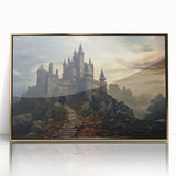 Framed acrylic wall art showcasing a stunning landscape castle design, featuring gold accents and a sleek front view, perfect for enhancing home decor.