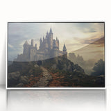 Framed acrylic wall art featuring a stunning castle landscape design, showcased in a sleek white frame, perfect for enhancing modern home decor aesthetics.