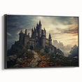 Framed canvas wall art featuring a picturesque landscape with a castle, presented in a sleek black frame, ideal for home decor in modern interiors.
