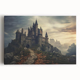 Stretched canvas wall art featuring a panoramic landscape of majestic castles surrounded by lush greenery, ideal for enhancing home decor with an elegant touch.