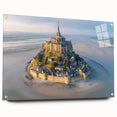 Acrylic glass wall art featuring a scenic landscape with a majestic castle, showcasing vibrant colors and intricate details, elegantly displayed with pins for wall mounting.