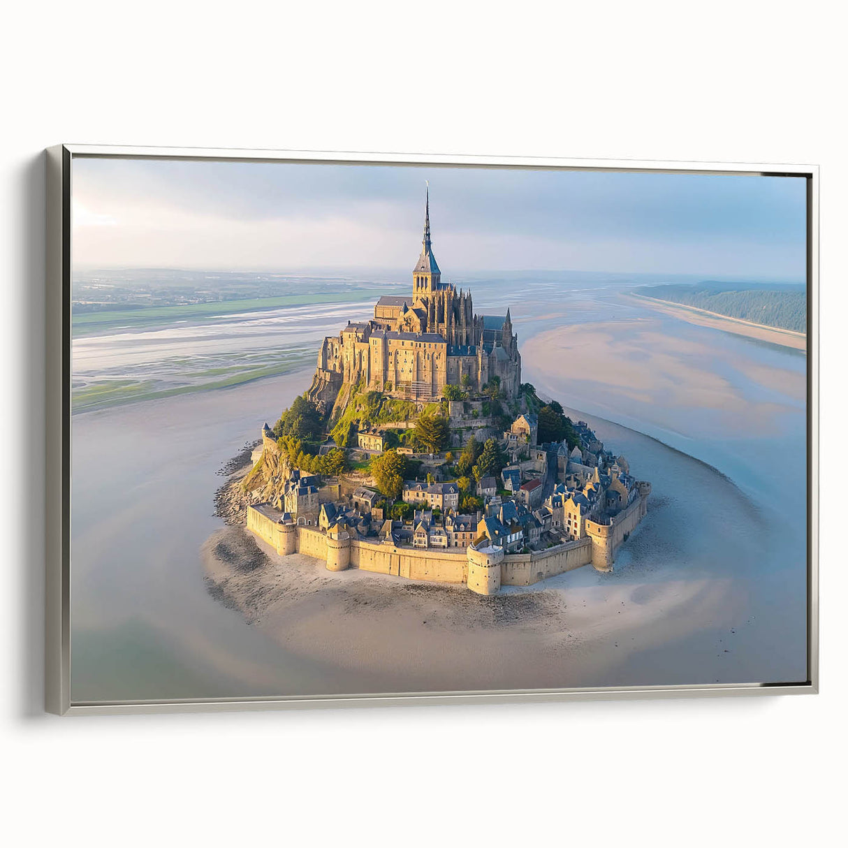 Framed wall art featuring a scenic landscape of a majestic castle, elegantly designed with silver accents, showcasing intricate details and vibrant colors, perfect for home decor.