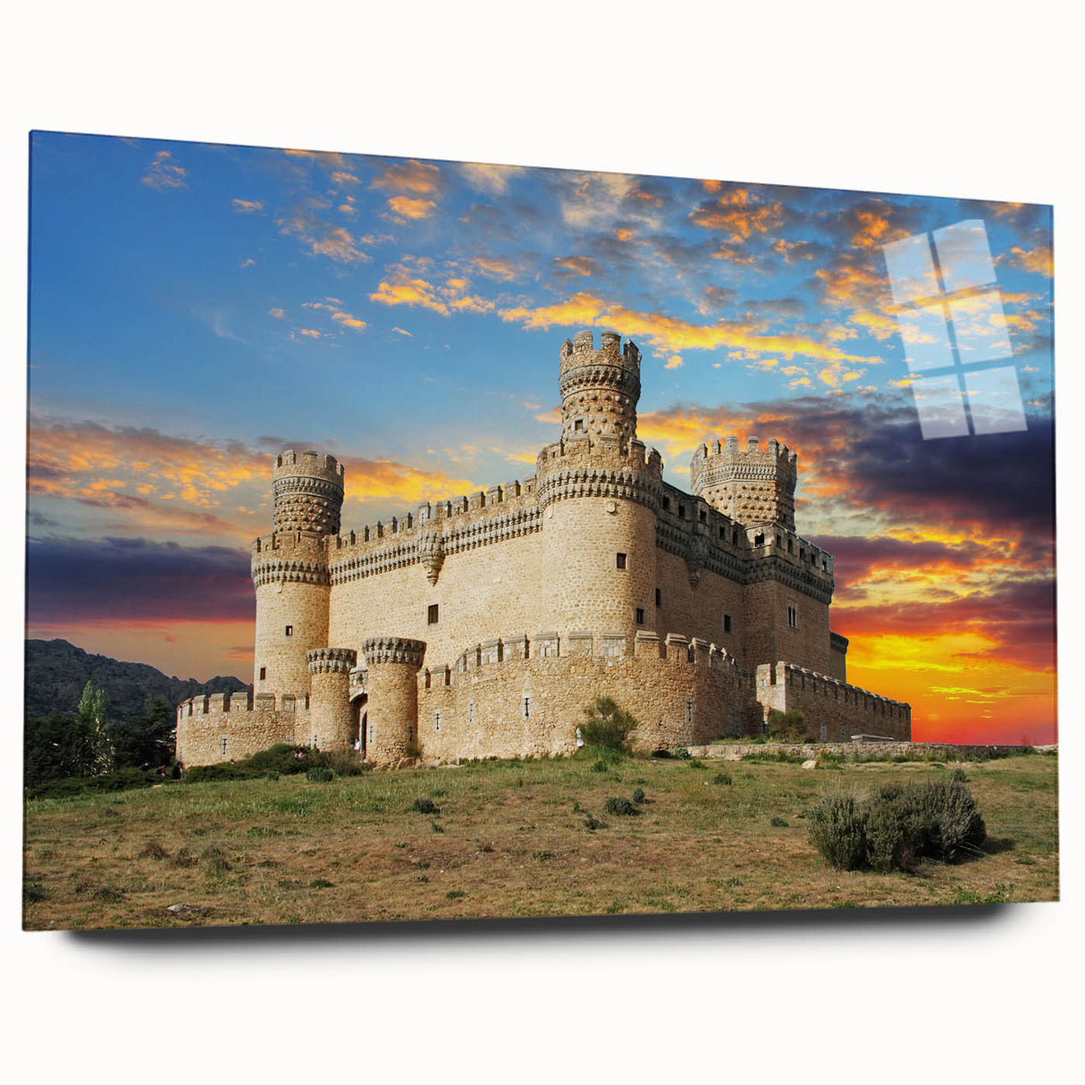 Acrylic glass wall art showcasing a stunning landscape castle design, elegantly displayed from the side perspective, perfect for enhancing home decor with a touch of sophistication.