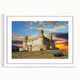 Framed wall art collection featuring a picturesque castle landscape design, elegantly matted in white, showcasing intricate details and vibrant colors, ideal for home decor.