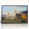 Framed wall art showcasing a picturesque castle landscape in vibrant colors, featuring a sleek black frame and acrylic front, ideal for home decor.