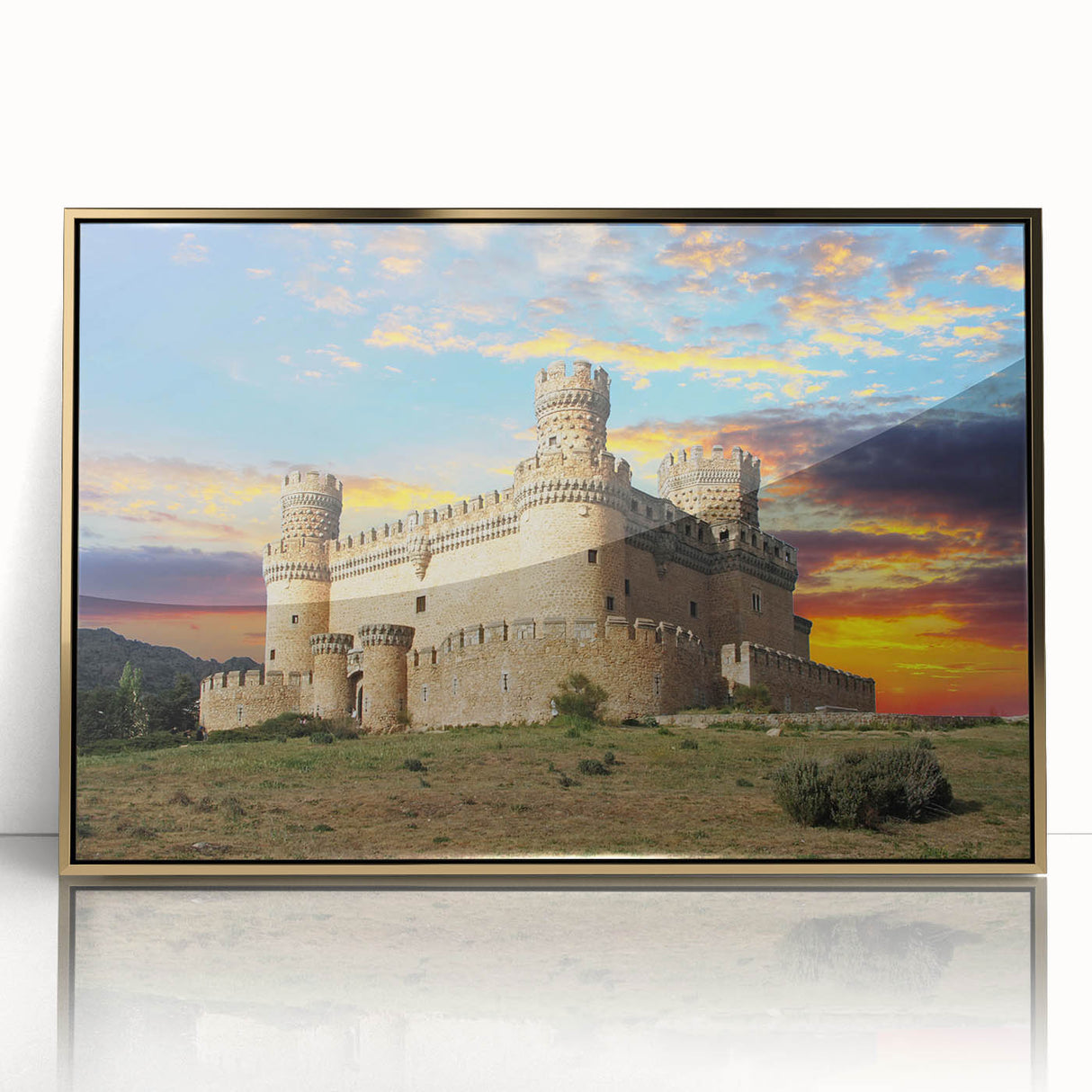 Framed wall art featuring a stunning landscape with a castle design, set in an elegant gold frame, ideal for enhancing home decor and interior aesthetics.