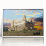 Framed acrylic wall art featuring a stunning castle landscape design in vibrant colors, set against a white background, perfect for home decor and interior design.