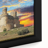 Framed canvas close-up showcasing a detailed landscape castle design, highlighting intricate textures and vibrant colors, perfect for home decor enthusiasts.
