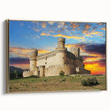 Framed canvas wall art showcasing a picturesque landscape with a majestic castle, elegantly bordered in gold, perfect for enhancing home decor and adding sophistication.