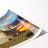 Rolled print featuring a stunning landscape castle design with vibrant colors and intricate details, ideal for home decor or art collections, packaged securely in a cardboard tube.