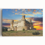 Stretched canvas artwork depicting a vibrant landscape with a majestic castle surrounded by lush greenery, ideal for enhancing home decor and creating a serene atmosphere.
