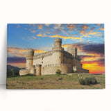 Stretched canvas artwork showcasing a vibrant landscape featuring a majestic castle, leaning against a wall, ideal for home decor and art enthusiasts.