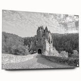 Acrylic glass wall art showcasing a side view of a stunning castle landscape design, elegantly displayed with decorative pins, ideal for enhancing interior decor.