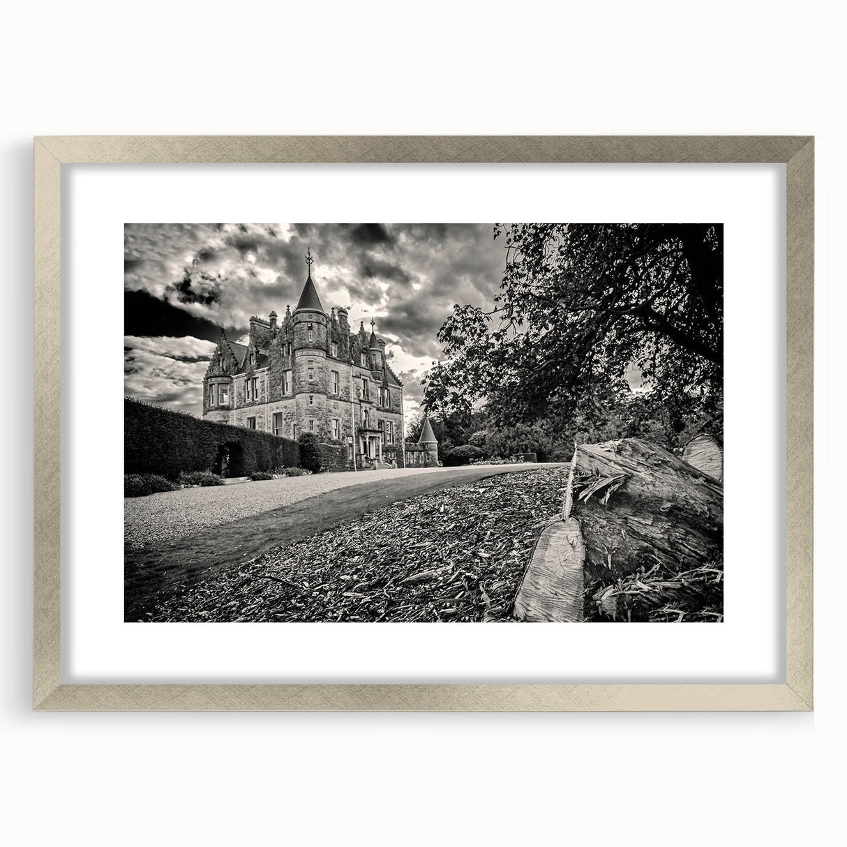 Framed wall art featuring a silver-matted landscape castle design, showcasing intricate details and vibrant colors, perfect for enhancing interior decor. Ideal for home or office settings, this stylish piece adds a touch of elegance and sophistication to any space.