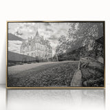 Framed wall art piece showcasing a stunning landscape with a castle, featuring a gold-accented frame and acrylic front, perfect for home decor enhancement.