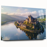 Acrylic glass wall art showcasing a stunning landscape and castle design, elegantly displayed from a side view with decorative pins, ideal for home decor.