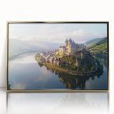 Framed wall art showcasing an elegant castle landscape design with a gold-accented acrylic front, ideal for enhancing home decor and interior aesthetics.