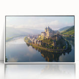 Framed wall art showcasing a stunning landscape castle design in a white frame, ideal for home decor. This acrylic piece adds elegance and charm to any space.