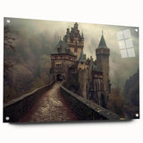 Acrylic glass wall art showcasing a vibrant landscape with a castle, displayed from the side view, featuring colorful pins for mounting. Perfect for home decor enthusiasts.