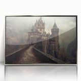 Framed acrylic wall art showcasing a stunning castle landscape design with intricate details and a silver frame, perfect for enhancing home decor and adding elegance.