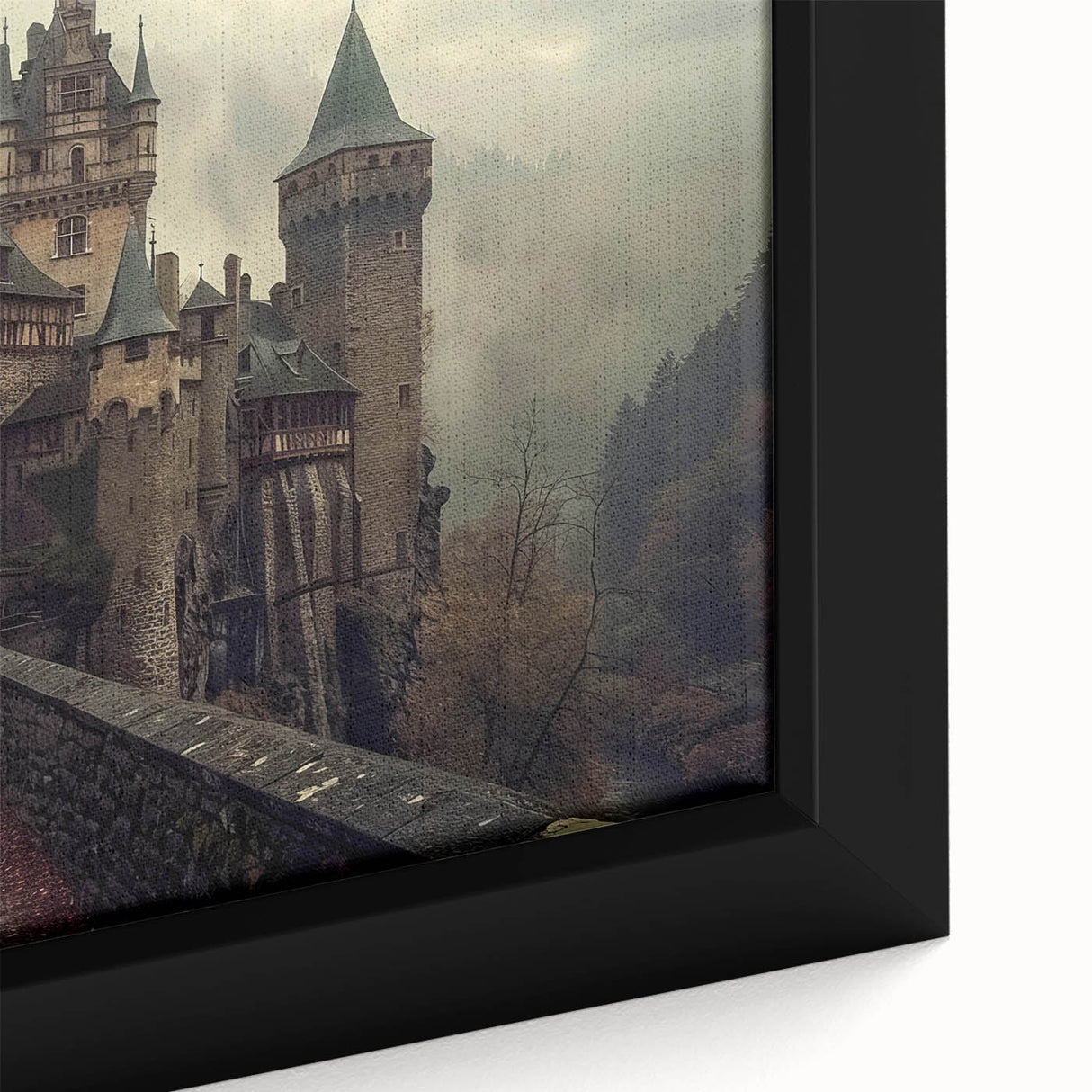Close-up of a framed canvas wall art piece showcasing a vibrant landscape with a majestic castle, featuring rich colors and intricate details, perfect for enhancing home decor.