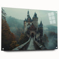 Acrylic glass wall art featuring a vibrant landscape with a castle design, mounted with pins for display, showcasing intricate details and vivid colors in a contemporary setting.