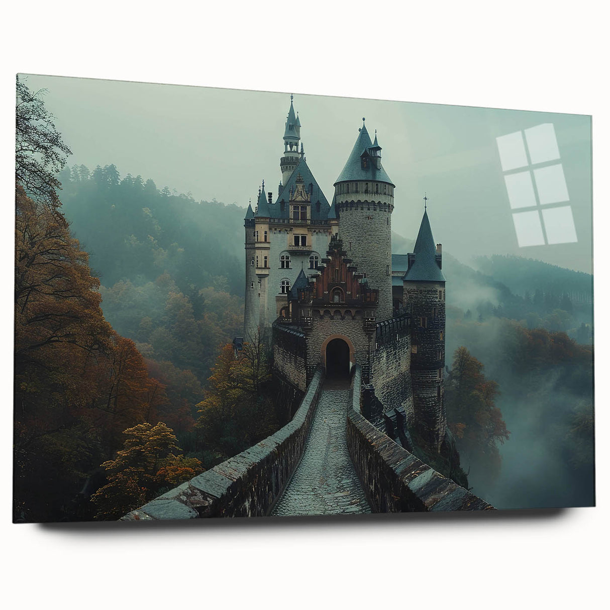 Side view of an elegant acrylic glass wall art piece showcasing a vibrant landscape with a majestic castle, designed for modern decor, perfect for enhancing interiors.