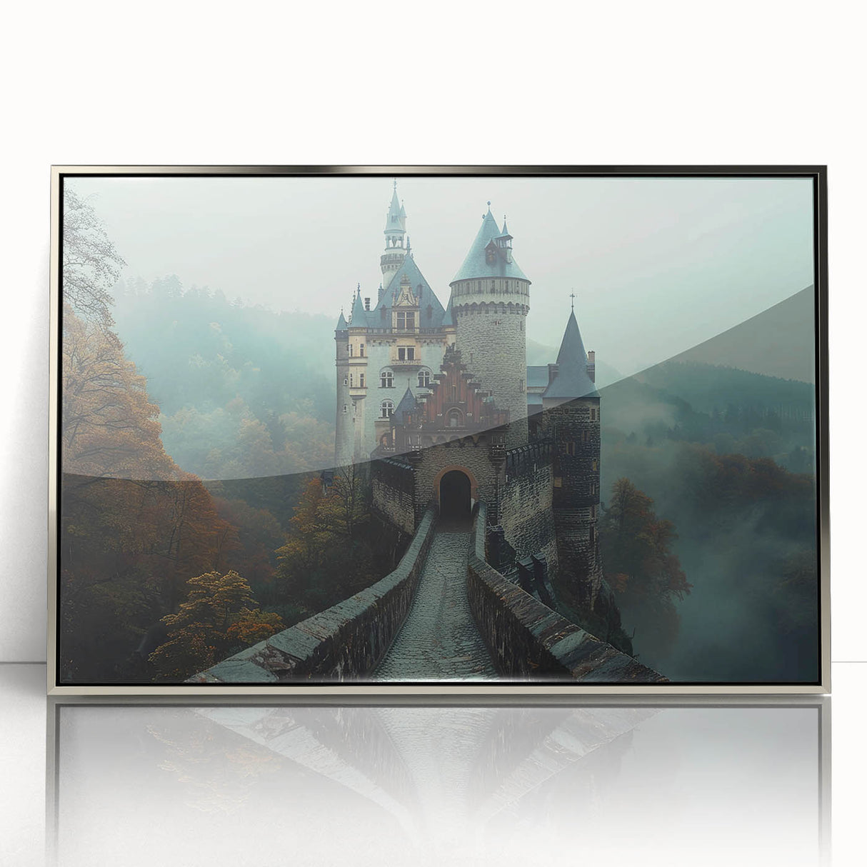 Framed acrylic wall art showcasing a stunning landscape with a castle, featuring a silver frame that enhances its elegance, perfect for home decor.