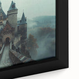 Close-up of a framed canvas wall art piece showcasing a majestic landscape with a castle, surrounded by lush greenery, vibrant colors, and intricate details. Perfect for enhancing home decor.