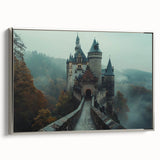 Framed canvas wall art showcasing a stunning landscape with a medieval castle, set against a vibrant sunset backdrop, featuring silver accents for a modern touch. Perfect for enhancing home decor with a touch of elegance and artistry.