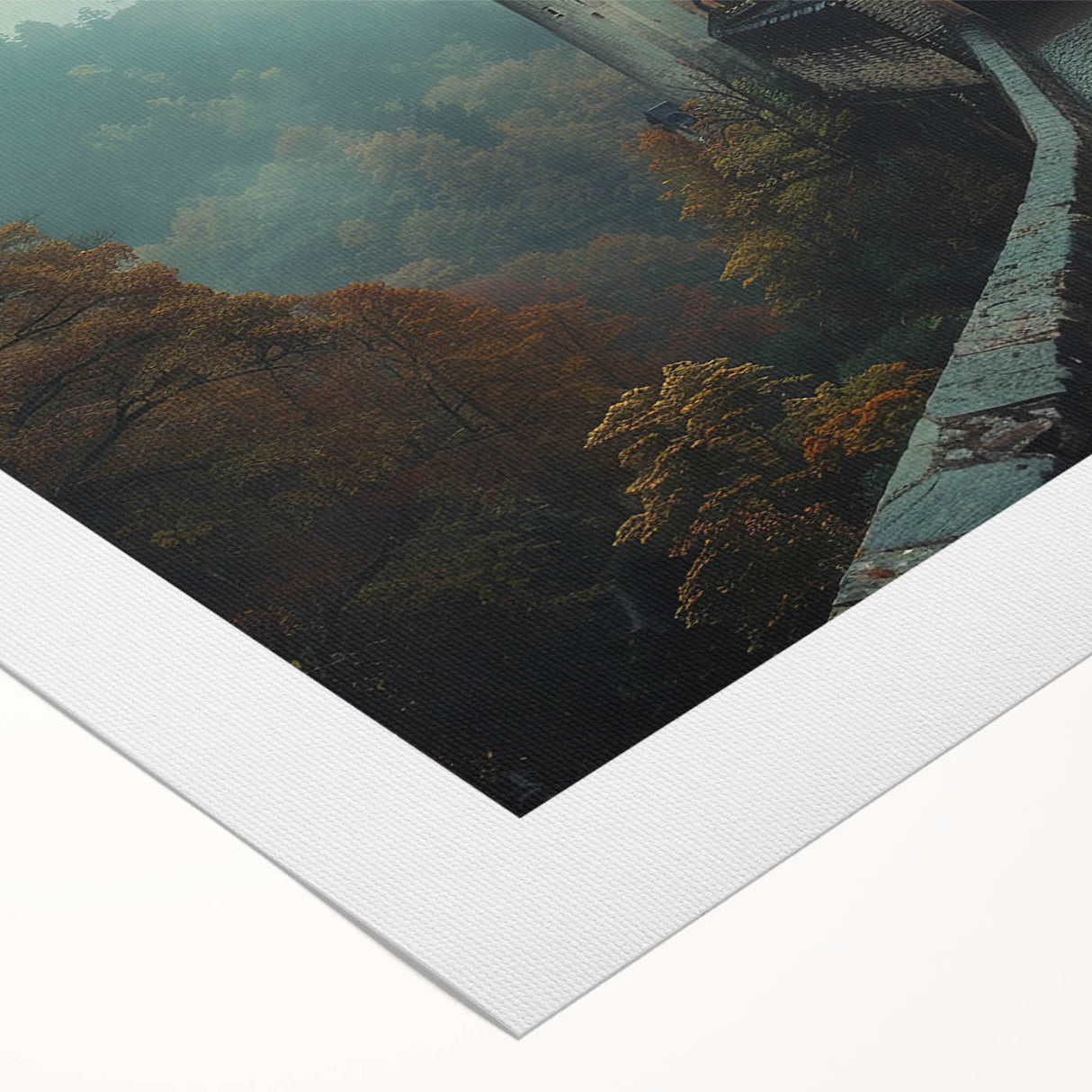 Rolled canvas artwork showcasing a vibrant landscape with a majestic castle set against a dramatic sky, ideal for home decor and art enthusiasts.