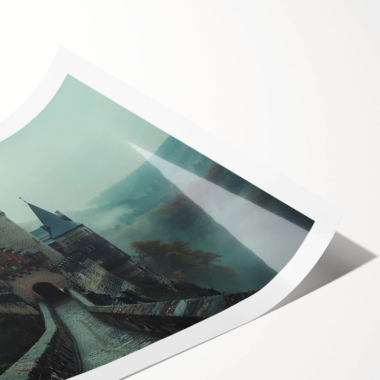 Stunning rolled print of a landscape castle design showcasing vibrant colors and intricate details, perfect for home decor, elegantly packaged in a protective tube.