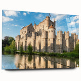 Side view of an acrylic wall art piece showcasing a vibrant castle landscape design, elegantly mounted with pins, ideal for home decor and interior styling.