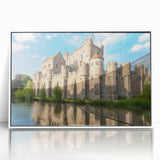 Framed wall art showcasing a stunning landscape design with castles, featuring a sleek white frame and acrylic front, perfect for enhancing modern home decor.